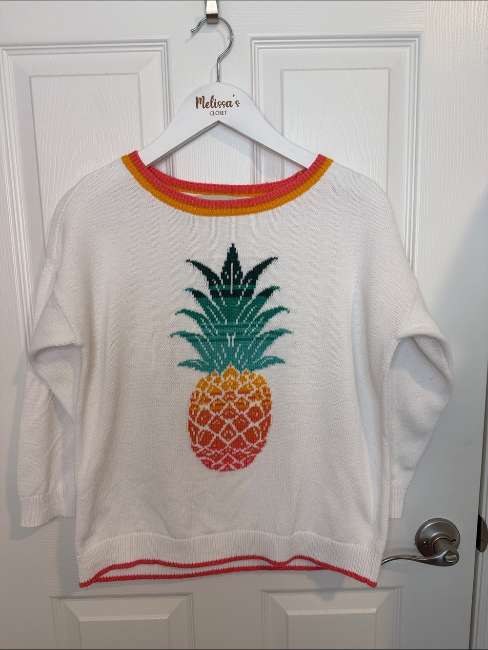 LOFT White 100% Cotton Knit Colorful Pineapple Ringer Sweater Size size Small